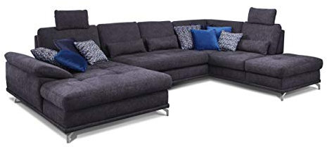 Cavadore Wohnlandschaft Castiel mit Federkern / Große Sofalandschaft mit Sitztiefenverstellung und Kopfstützen / 368 x 114 x 232 / Webstoff, Dunkelblau