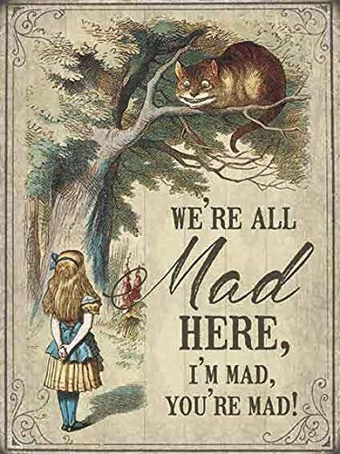 PAGAIXI Alice im Wunderland – We're All mad here, Neuheit Plaques Poster für Zuhause, Geschäft, Café, Wanddekoration, Blechschild, 20,3 x 30,5 cm, Metallschilder, Vintage