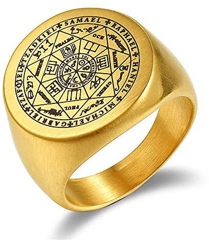 JewelryWe Schmuck Herren-Ring mit Gravur Edelstahl Siegel der Sieben Erzengel Siegelring Silber Gold Schwarz Größer 57mm