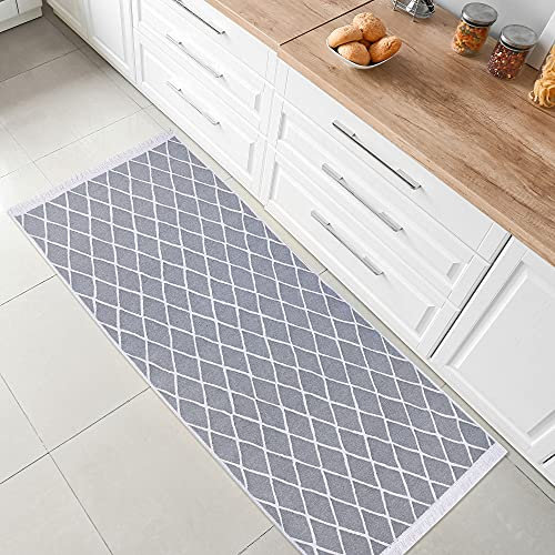 Fashion4Home Teppich Läufer - Tepiche für Wohnzimmer, Schlafzimmer, Küche, Kinderzimmer, Badezimmer - Boho Kelim - Läufer Flur, Stripe-Hellgrau-Weiß, Größe: 50x80 cm