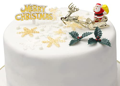 Christmas Cake Decorations Toppers 4 Piece Cupcake Topper Cake Decoration Pieces Merry Christmas Santa Robbin tree holly snowman robin trees reindeer frill ylog wreath (4 pc)