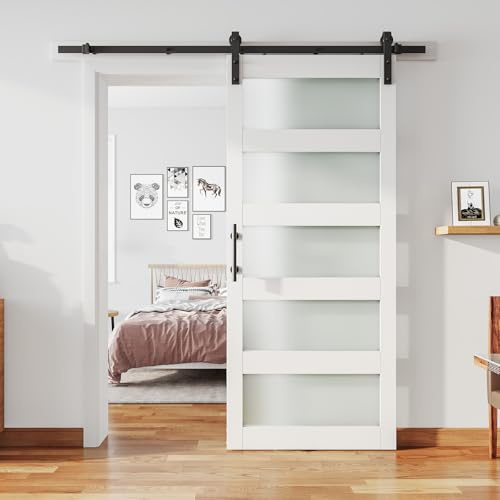 ALAMEDADT Kit per porta scorrevole in vetro da 91 x 213 cm, con kit hardware per porta da fienile, MDF, anima solida, combinato con maniglia e guida per pavimento, montaggio richiesto, manuale di