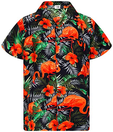 King Kameha Funky Chemise-Hawaienne, Manche-Courte, Flamingo-Flowers, Noir-Orange, 4XL