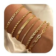 Milacolato Set di 6 Bracciali a Catena per Donna Regolabile Moda Placcato Oro 18K Acciaio Inossidabile Delicato Twist Figaro Catena a Spina di Pesce Bracciale a Maglia con Zirconi Cubici Oro