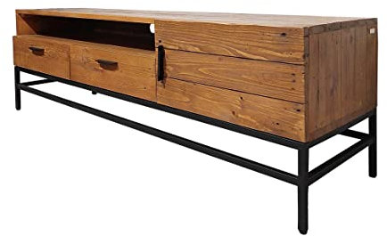 Meuble TV en Bois de pin recyclé et métal Noir 1 Niche 2 tiroirs 1 Porte L.160 cm - Style Industriel Vintage - Factory