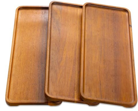 WLWNWFT Holztablett Deko Tablett Holz 3 Stück, Serviertablett aus Akazienholz 36x14 cm, Holz Tablett Dekotablett Servierplatte Rechteckig für Dessert Kosmetik Schmuck Kerzen
