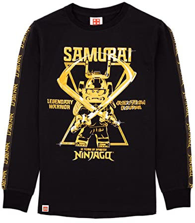 LEGO Ninjago T-Shirt for Boys | Kids Samurai Black Long Sleeve Top | Gold Warrior Figures Superhero Series 10 Years