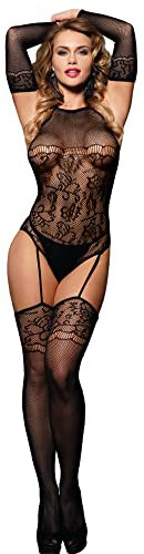 ohyeahlady Sexy Lingerie for Women Sets Plus Size Fishnet Chemise BobyStocking Chemise Nightwear Stockings and Suspenders Set with Long Lace Floral Gloves,Box Package