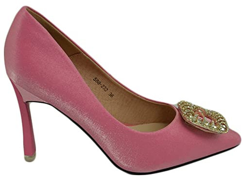 Scarpe Decollete Donna Fucsia Elegante Gioiello Fermaglio Quadrato constrass Punta Tacco Spillo 12 Moda Cerimonia (35 EU)