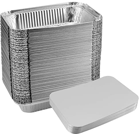 KOHAND Paquete de 60 bandejas de papel de aluminio de 1000 ml con tapas, 22,9 x 16,9 x 5 cm, recipientes grandes de papel de aluminio con tapas para hornear, cocinar, asar, congelar, servir, calentar