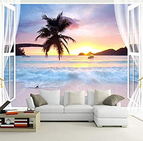Carta da Parati da Finestra Mare Tramonto, Paesaggio Naturale Quadri Murali, Poster Gigante per TV Divano Sfondo - 200 x 140 cm