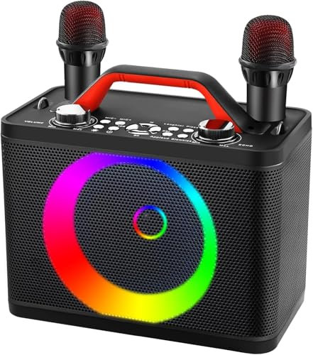 Karaoke Adulte, ALPOWL Karaoke avec Lampe DJ pour Adultes et Enfants avec 2 Karaoke Microphones sans Fil pour de Extérieur/Intérieur, Karaoke Professionnel Soutien Aux/USB/TF Car[Noir]
