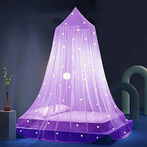Eimilaly Dosel de Cama Estrellas Que Brillan en la Oscuridad, Dosel de Cama para Niñas Mosquitera, Dosel Princesa para Decoración de Habitación de Cama de Niñas, Purple