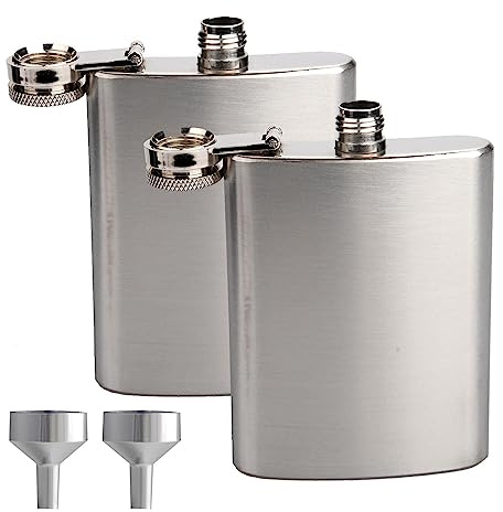 MUNSKT 2 Pack Stainless Steel Hip Flask with Funnel, Leakproof Portable Pocket Whiskey Flask for Liquor, Climbing Camping Barbecue Bar Party Drinking