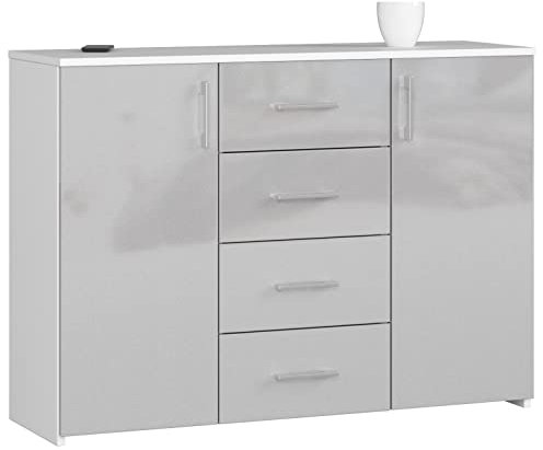 BDW Hochglanz Kommode mit 4 Schubladen und 2 Türen für Schlafzimmer, Wohnzimmer, Flur, Büro - Modernes Design - Aufbewahrungsmöbel - Geräumige Kommode - 110 x 80 x 35 cm - Weiß-Grau