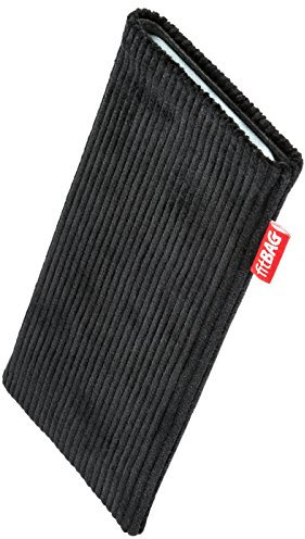fitBAG Retro Schwarz Handytasche für Apple iPhone 15 Pro Max Tasche aus Cord-Stoff mit Microfaserinnenfutter | Hülle mit Reinigungsfunktion | Made in Germany