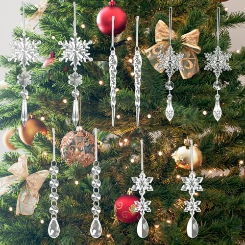 10 Stück Weihnachtsdeko Kristall Schneeflocken Eiszapfen hängende Ornamente, Acryl Weihnachtsbaumschmuck Weihnachtenbaum Kristall Anhänger für Weihnachten, Hochzeiten, Neues Jahr