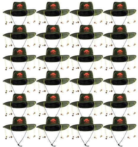 Australien Korkhut - 24 Stück - Grüner Hut mit orangefarbenem Koalabzeichen und hängenden Korken - Australien Kostüm Zubehör Australien Day Accessoire