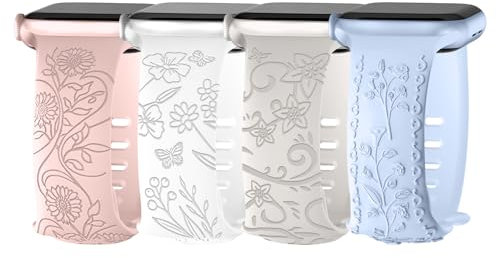 Nepfaivy Floral Graviertes Armband Kompatibel mit Apple Watch Armband 45mm 44mm 46mm 49mm 42mm für Damen, Weiches Silikon Elegantes Sport Band für iWatch Series 10/9/8/Ultra/SE/7/6/5/4/3/2/1, Typ 5