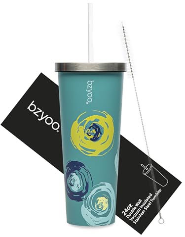bzyoo SUP Gobelet isotherme à double paroi avec paille et couvercle en acier inoxydable - Tasse de voyage, cadeau de fête des mères pour elle et lui (710 ml) (vert cyclone)