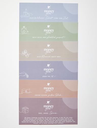 moneyglow® Sparchallenges 6 Karten I Set Nr. 1 I Geld sparen I Budgetierung I 1€ I 52 Wochen I 10€ I Kleingeld I Pfand I Würfelspiel