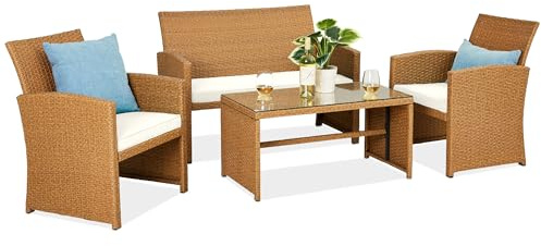 Best Choice Products 4-Piece Outdoor Wicker Patio Conversation Furniture Set for Backyard w/Coffee Table, Seat Cushions - Natural/Ivory