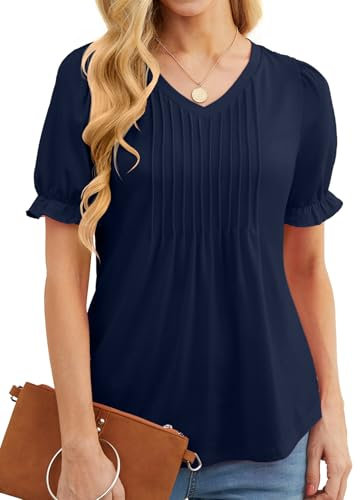 GRECERELLE Womens V Neck Tops Summer Elegant Front Pleated T Shirts for Women UK Ruffle Short Sleeve Blouses Tunic (Navy Blue, M)