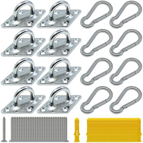 TERMATH 8 Pcs 304 Stainless Steel 2.31 Inches Pad Eye Hooks and 8 Pcs 304 Stainless Steel Snap Hooks,Screw Ceiling Hooks,Outdoors String Lights Hangers,Shade Sail Hardware with Screws Anchors