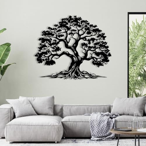 Flyoak Décoration murale arbre de vie en métal – Grandes suspensions rondes d'extérieur pour salon, chambre à coucher, bureau (noir, 90 x 76 cm)