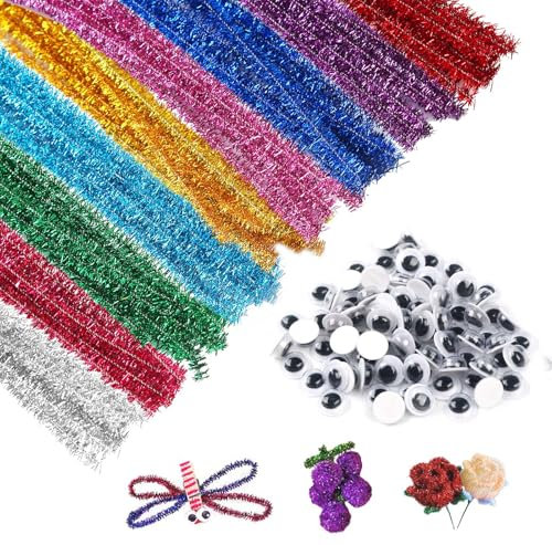 300 Piezas Brillantes Limpiapipas Chenilla, Limpia Pipas Stems Metallic Sparkle, Flexibles Limpiapipas Manualidades con Ojos Móviles, Alambre de Chenilla Colores para Creación de Bricolaje Decoración