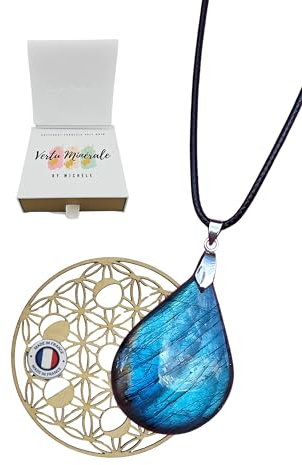 PENDENTIF PIERRE NATURELLE VERITABLE & Fleur de Vie Phases Lunaires en bois - Qualité Exceptionnelle - Création Française - Cadeau Femme, fille (Labradorite Naturelle, Forme Goutte)