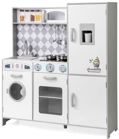 COSTWAY Cuisine Enfant en Bois avec Effets Sonores et Lumières, Cuisinière Enfant avec Machine à Laver et Micro-Ondes, Machine à Glaçons, Jouet de Simulation pour Tout-Petits de 3 Ans+