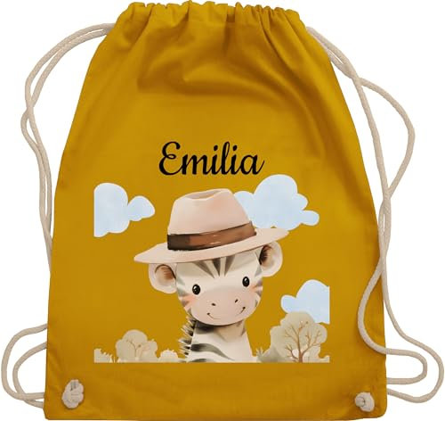 Turnbeutel Rucksack - Süßes Safari Zebra personalisiert I Zebra Geschenk für Kinder mit Name I Zebra Fan I Zootier I Zebra Motiv I Kindermotiv Zebra I Safari Tiere - Unisize - Senfgelb