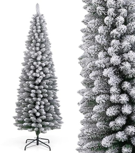 GYMAX 4FT 5FT 6FT Artificial Christmas Tree, Snow Flocked Slim Pencil Xmas Tree with 240/328/460 Branch Tips and Metal Stand, Festival Decoration Tree for Home Office Party (6FT)