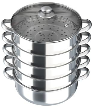 5 Tier Food Steamer Pan Stainless Steel Pot Large Capacity Food Steamer with Handles, for Induction Cookers Electric Furnaces and Gas Stoves (Silver, 30cm)