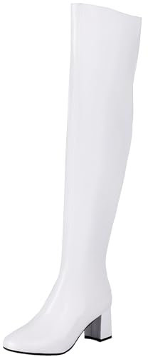Onewus Moda Donna Robusto Lucido Sopra Il Ginocchio Sexy Stivali, bianco, 46 EU