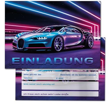 JuNa-Experten 12 Einladungskarten zum Kindergeburtstag Jungen Jungs Rennauto Auto coole bunte Einladungen Geburtstag Kinder Jungsgeburtstag Rennwagen Kinderparty Teens Geburtstagseinladungen