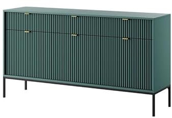 Easy4You Kommode N1 Grün Matt 154x83x40 cm (B x H x T) mit 3 Schubladen und 3 Türen Sideboard Ideal für Wohnzimmer, Schlafzimmer Moderne Elegante Schubladenschrank mit Schwarzer Metallfuß