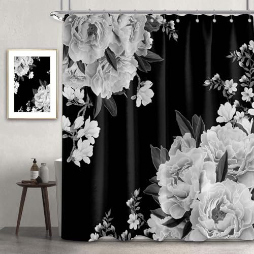 Sonbraux Black and White Shower Curtains for Bathroom Floral Grey Flower Dark Wet Room Shower Curtain, Washable, Waterproof, Cloth Fabric, 180 x 240 cm