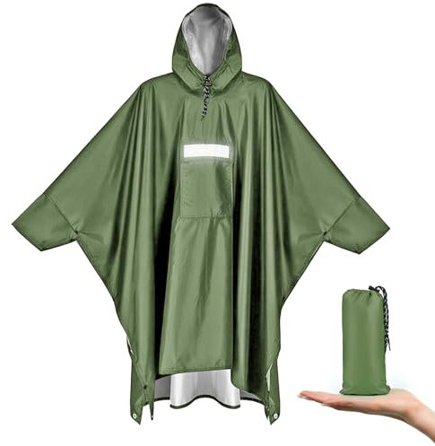 Vankarr Poncho Antipioggia Impermeabile con Maniche Tasca e Riflettore Mantella Antipioggia per Adulti Unisex Portatile Poncho Pioggia per Uomo Donna Trekking Campeggio (Verde)