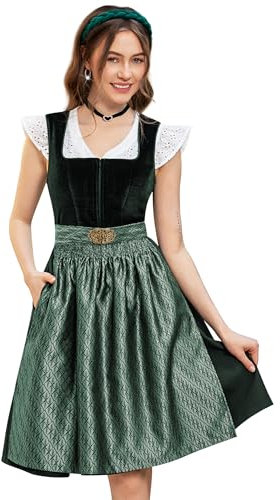 DIRNDLSTERN Damen Trachtenkleid Grün - Trachtenrock Midi Samt Dirndlkleid Oktoberfest Outfit mit Dirndlschürzen 36