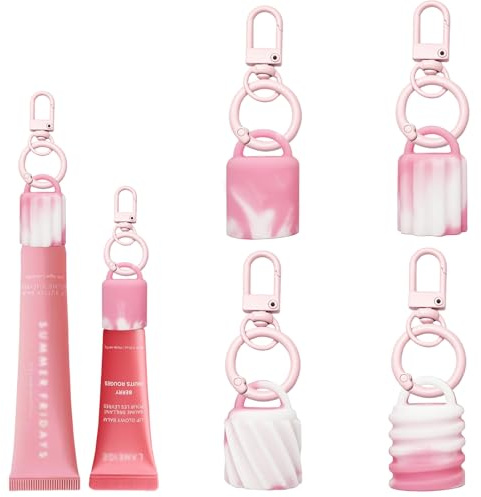Nevfal Schlüsselanhänger für Lipgloss, Sommerfreitage, Lippenbalsam-Halter, tragbarer Halter, Lipgloss-Etui mit Schlüsselanhänger für Lippe, Schlüsselring, Rosa und Weiß, 4 Stück