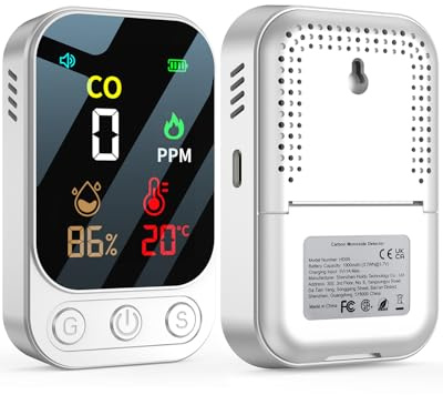 Détecteur de monoxyde de Carbone Portable 3 en 1, détecteur de monoxyde de Carbone Rechargeable avec Affichage de la température et de l'humidité, Portable pour la Maison, la Caravane