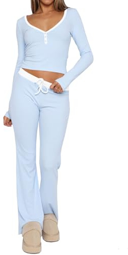 LACOZY Pyjamas for Women Long Sleeve Pajama Sets 2 Piece Loungewear Sets | Crop Top, High Elastic Waist Wide Leg Trousers, V Neck Lounge Outfits, Comfortable Pjs for Women Sets, Sleepwear, Loungewear
