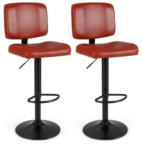 COSTWAY Juego de 2 Taburetes Altos, Sillas de Bar Giratorias Ergonómicas con Altura Ajustable y Asiento Acolchado de PU, Taburetes de Bar Tapizados Modernos con Reposapiés para Isla de Cocina, Rojo