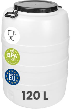 Garronda 120 L Weithalsfass Futtertonne HDPE Gärfass Wasserbehälter GD-0187 | Mit Deckel, für Wasser, Lebensmittel, Lagerung und Fermentierung, als Kunststofffass, Regenfass, Gärbehälter und Vorratsfass