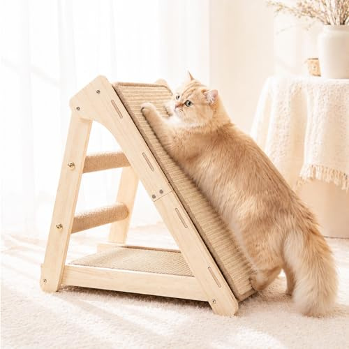 DONWEI Sisal Kratzbretter Katze aus Massivbuche faltbar 50x28x50 | Faltbares Katzenkratzbrett aus Massivbuche, dreieckig platzsparend für alle Katzen