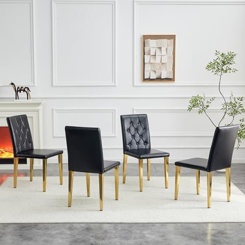 Generisch 4er Set Esszimmerstühle Schwarz PU mit Rautensteppung & Hochglanz Gold Metallbeine 5cm Elastischer Schaumstoffsitz rutschfeste Füße für Essbereich Küche Café Wohnzimmer
