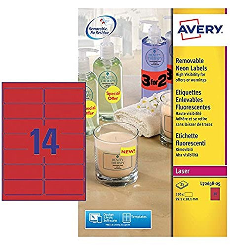 Avery L7263R-25 Neon-Etiketten (für Laserdrucker, 14 pro Blatt, 99,1 x 38,1 mm) 350 Etiketten neonrot