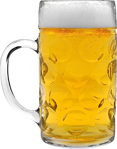 Rink Drink German Beer Stein Mug - 1 Litre Large Dimpled Glass Tankard with Handle for Craft Beer, Cider and Ale